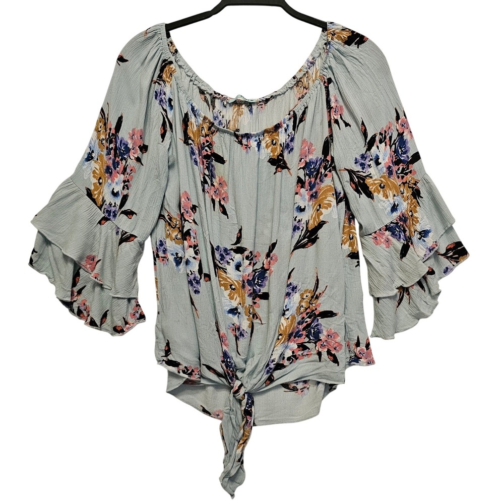 P.S. Kate Womens Blue Floral Ruffle Bell Sleeve Tie Front Blouse P14285 Large